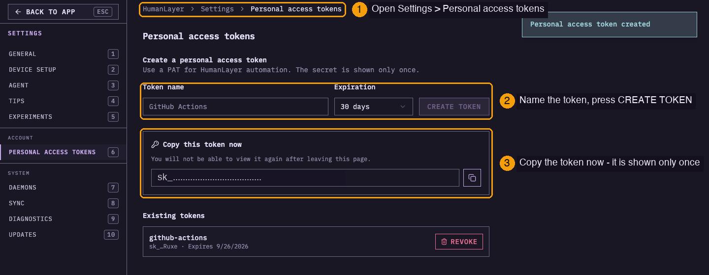 The Personal access tokens settings page, showing the token form and the one-time token reveal.