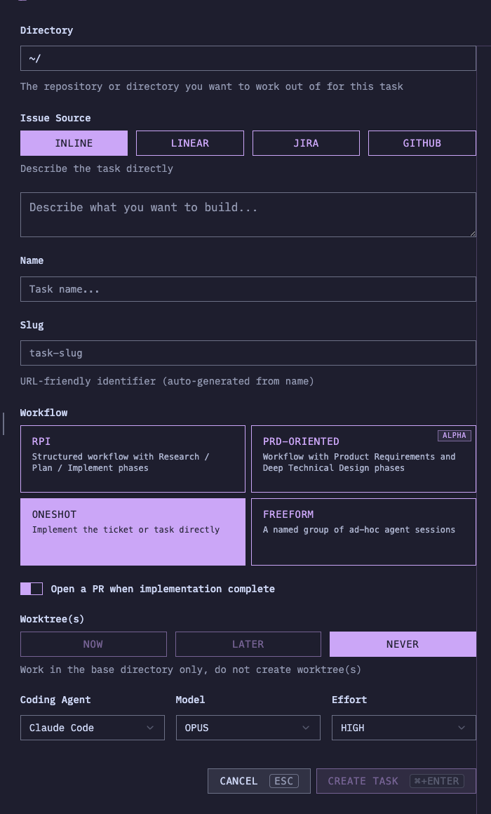 The HumanLayer task form with ONESHOT, NEVER, and Claude Code selected.