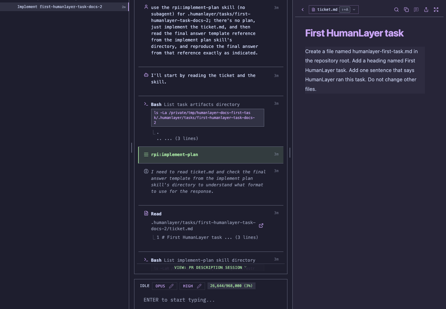 A HumanLayer implementation session beside the First HumanLayer task description.