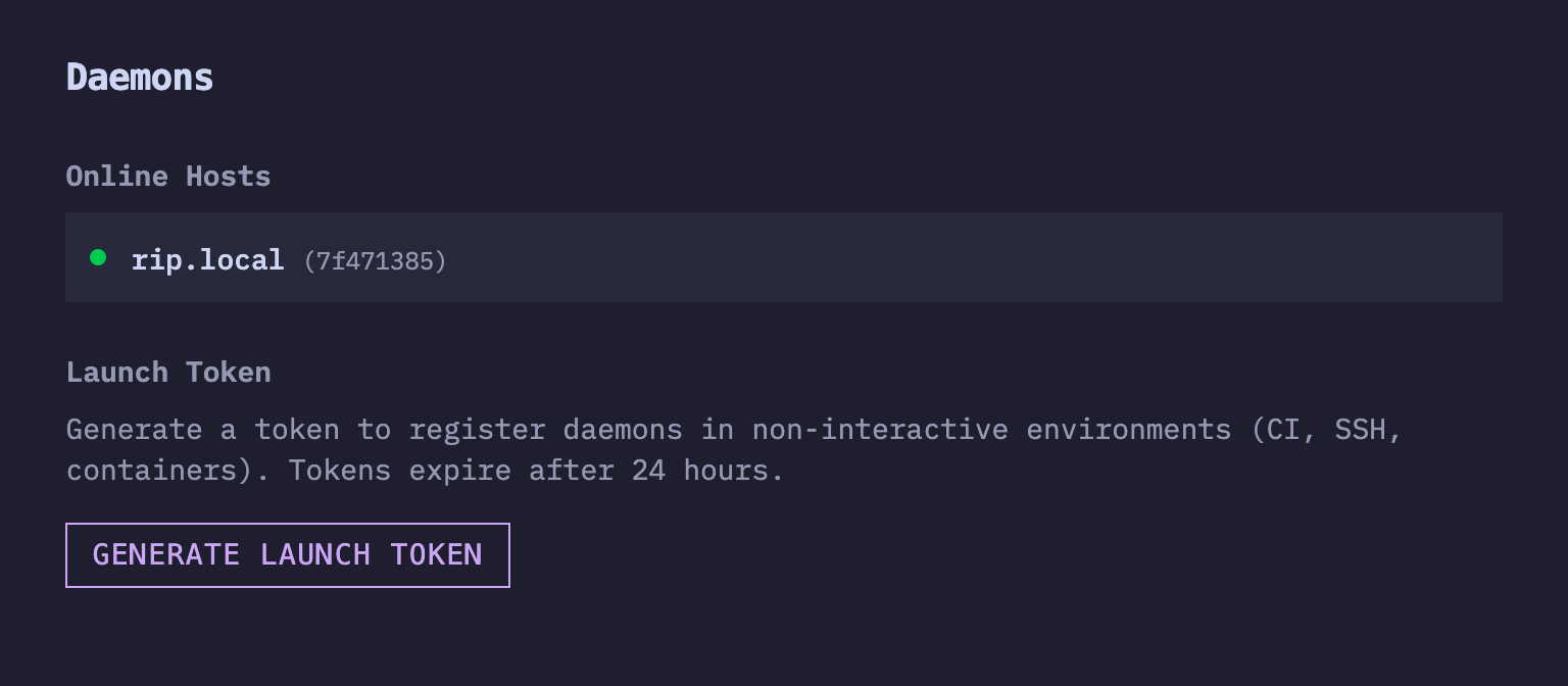 The Daemons settings page with the Generate Launch Token button.